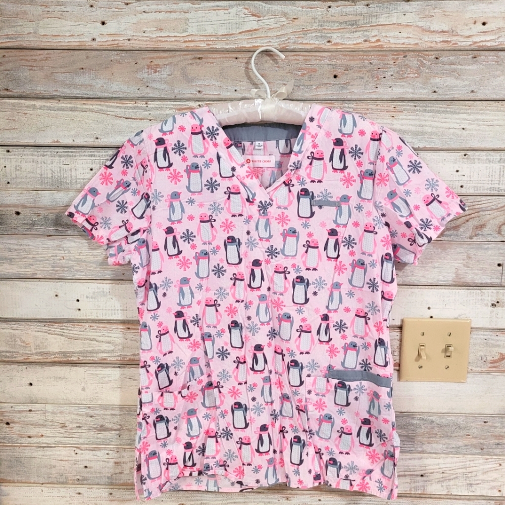 White Cross small pink penguin scrub top